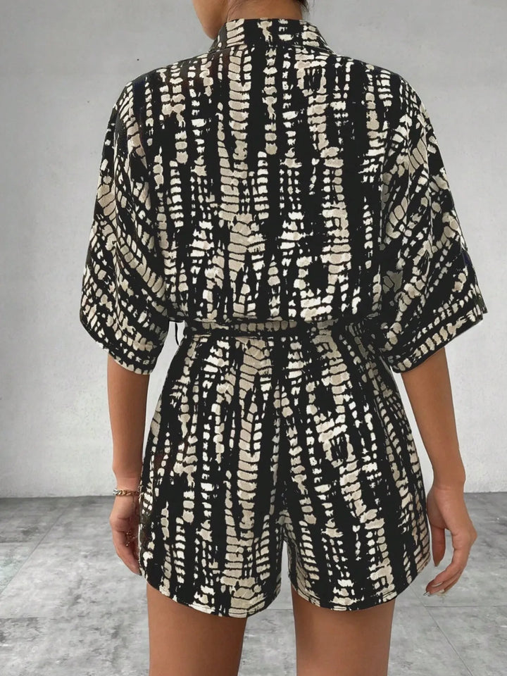 Black Tie Dye Print Collar Neck Short Sleeve Romper