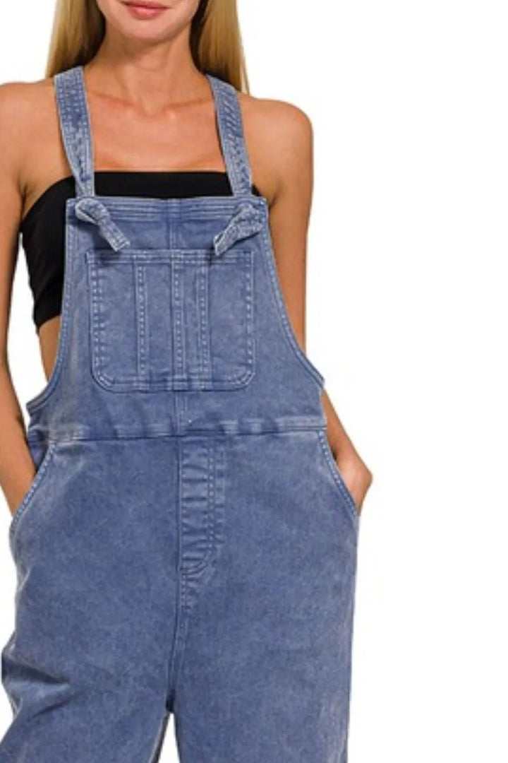 Blackberry Zenana Washed Knot Strap Relaxed Fit Overalls