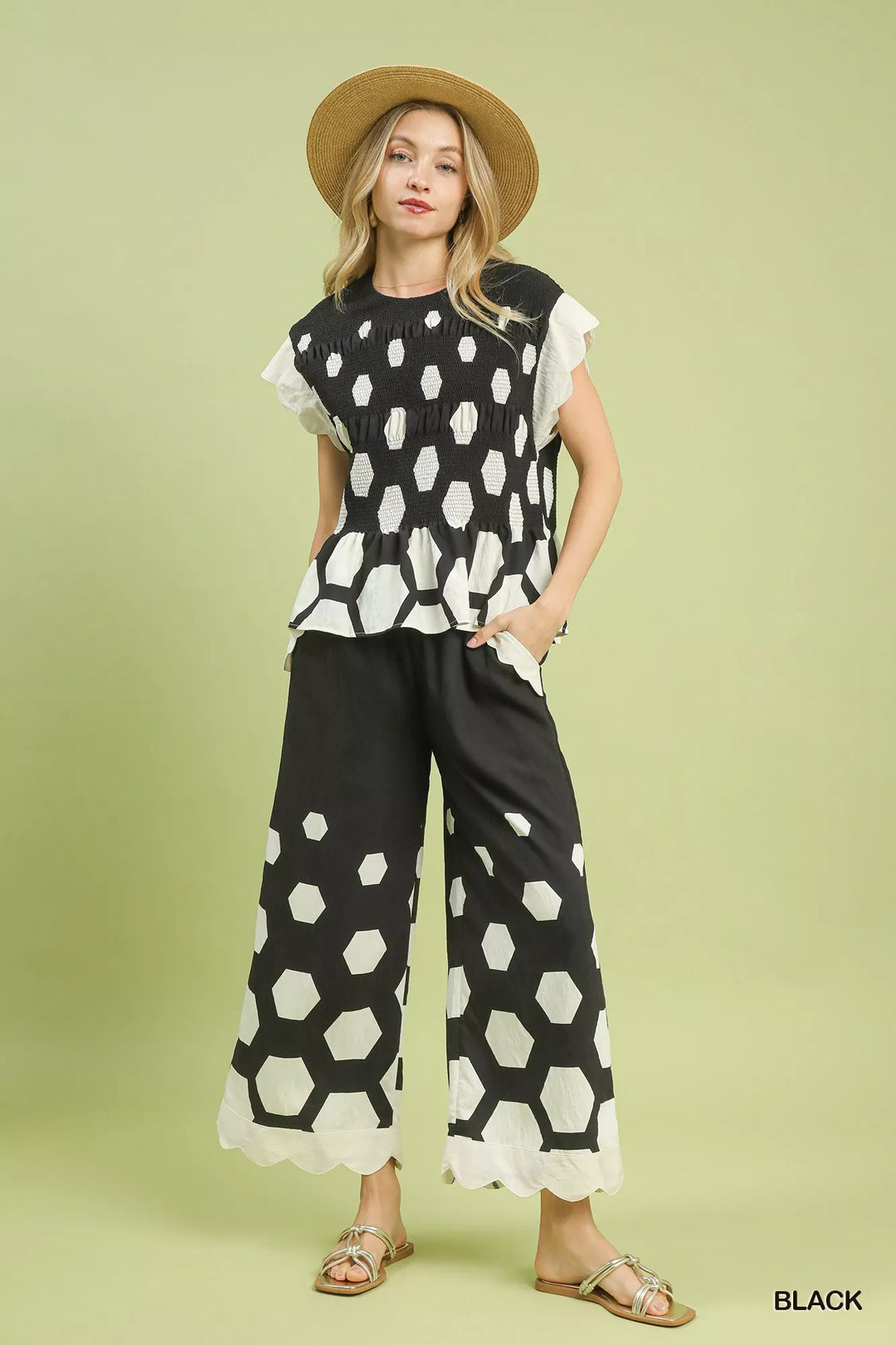Umgee Hexagon Print Wide Leg Pants With Scalloped Hem