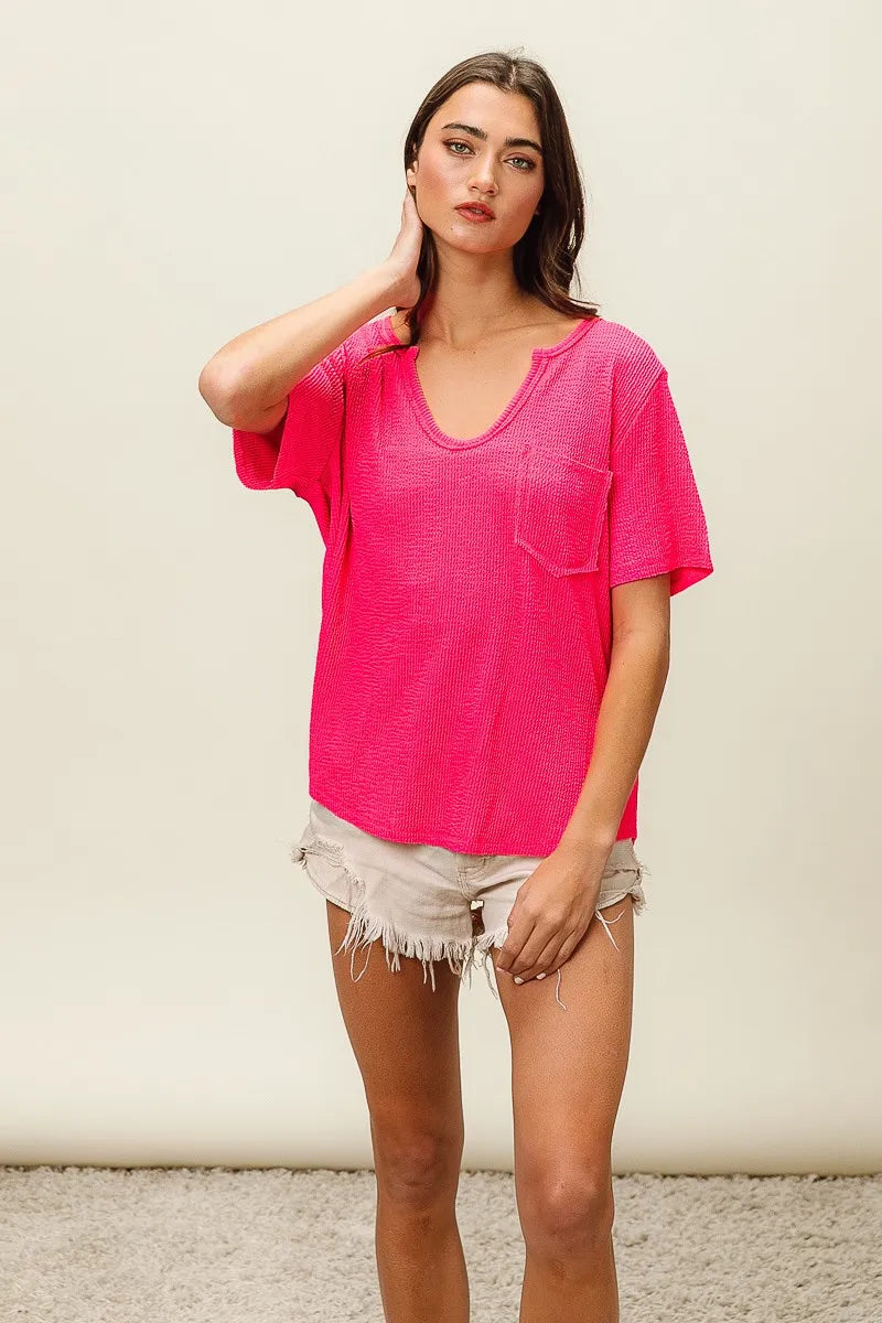 Bibi Waved Rib U Neck Top With Front Pocket