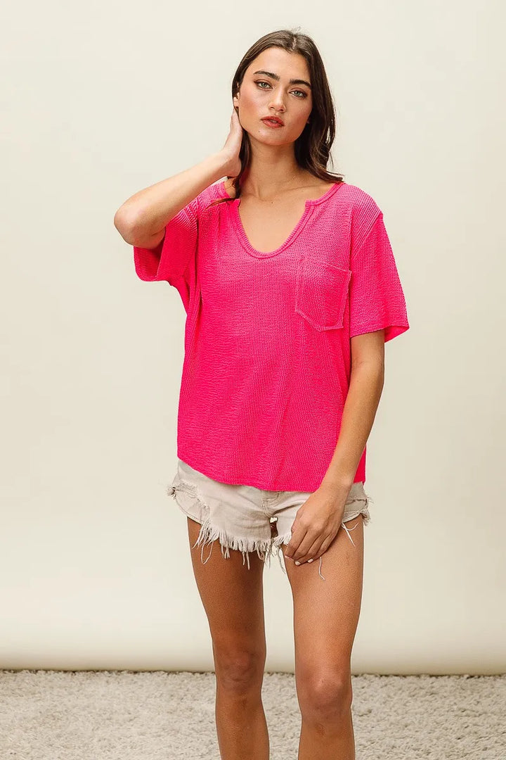 Bibi Waved Rib U Neck Top With Front Pocket