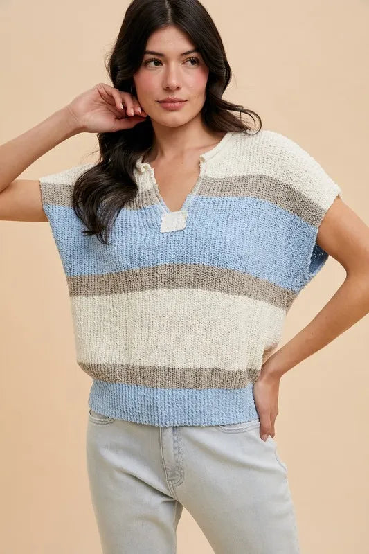 Ivory/Denim Blue Annie Wear Low Gauge Color Block Textured Sweater Top 1
