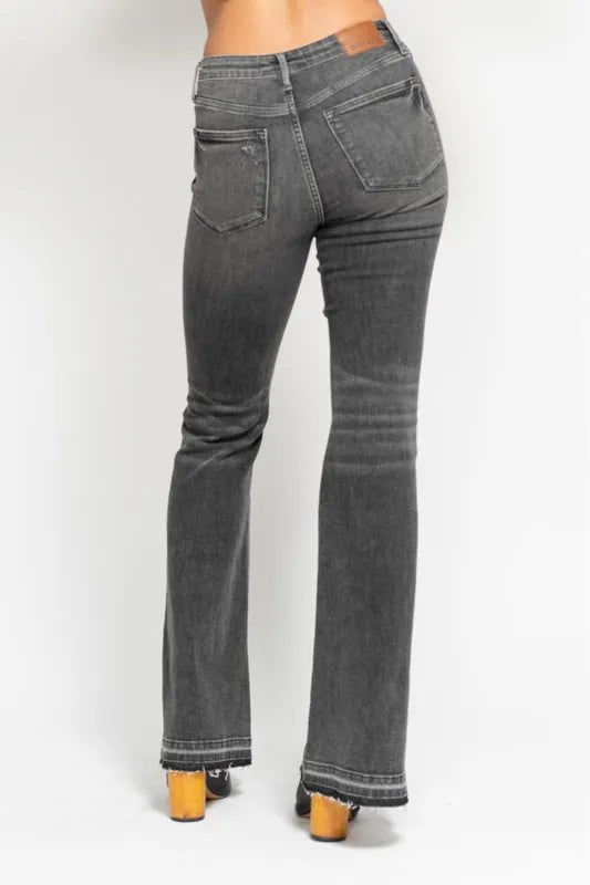 Gry Judy Blue Full Size Mid Rise Tummy Control Washed Gray Release Hem Flare Jeans Plus Size