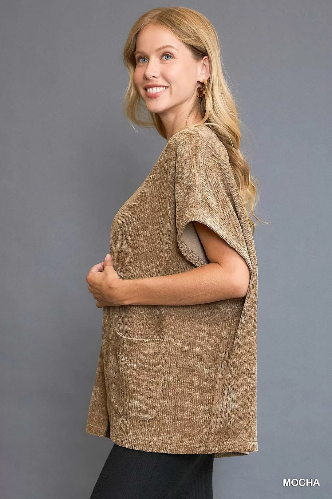 Mocha Umgee Open Front Knit Cardigan With Front Pockets 1