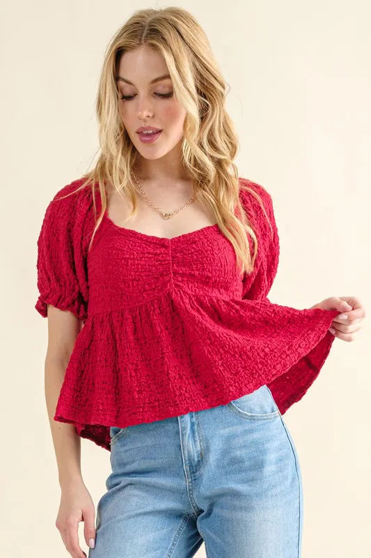 Red And The Why Lovely Textured And Smocked Top