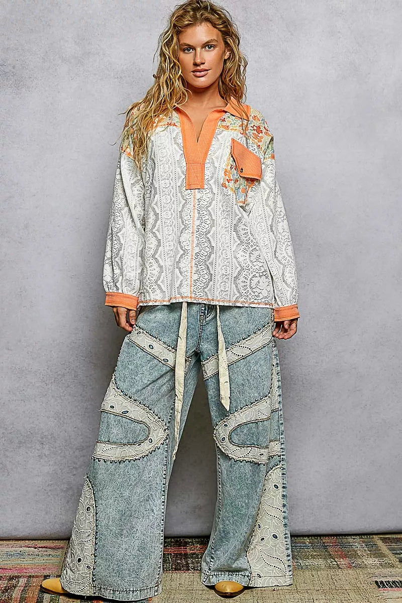 Pol Floral Print Long Sleeve Lace Shirt With Front Pocket 1