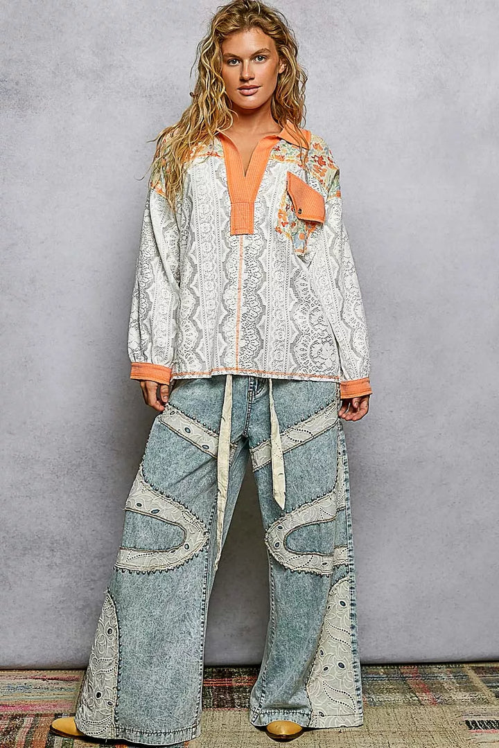 Pol Floral Print Long Sleeve Lace Shirt With Front Pocket 1