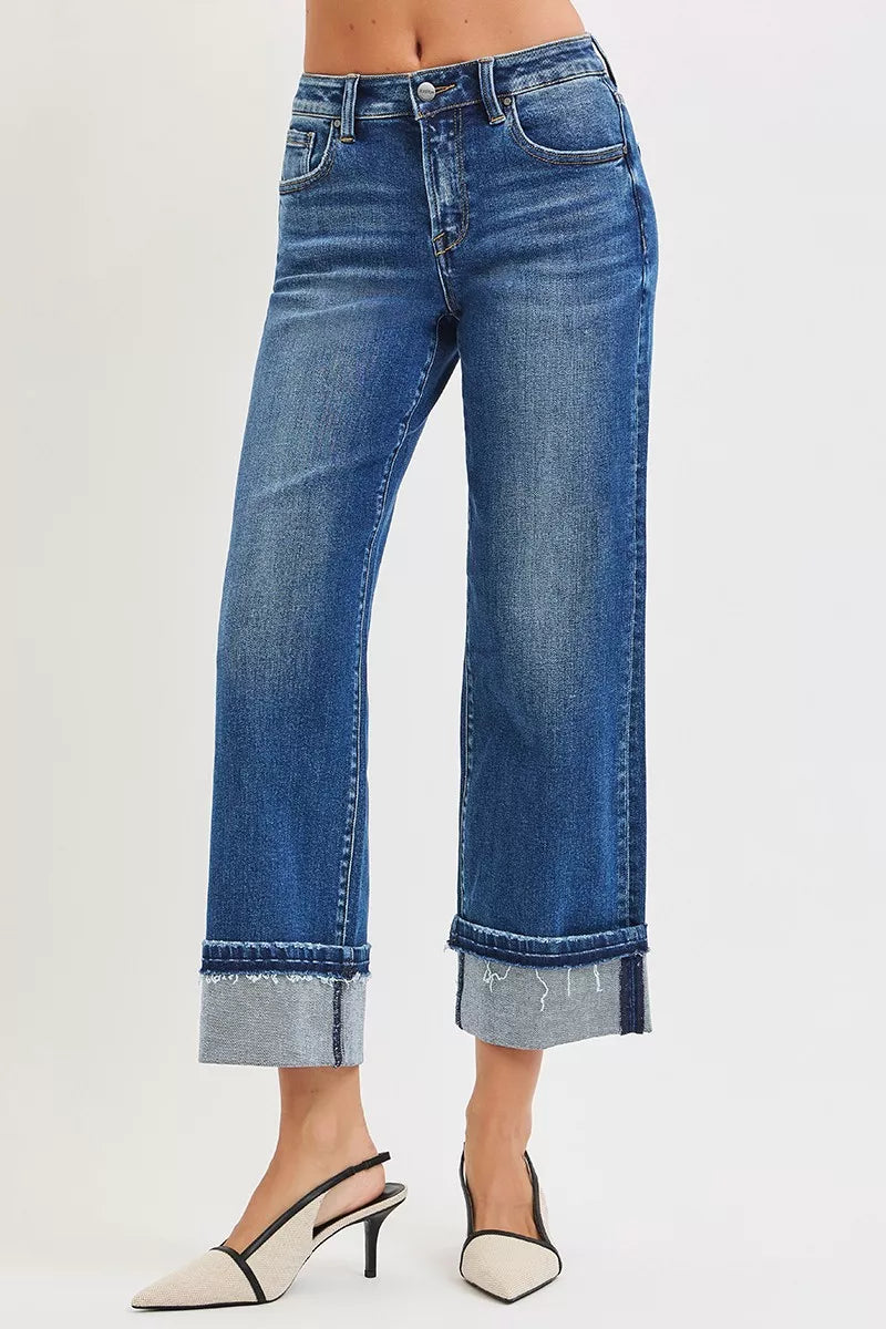 Dark Risen Mid Rise Ankle Straight Jeans With Cuffed Hem