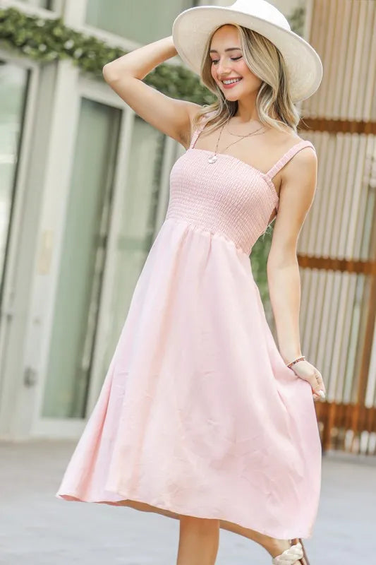 And The Why Smocking Open Back Sleeveless Midi Dress
