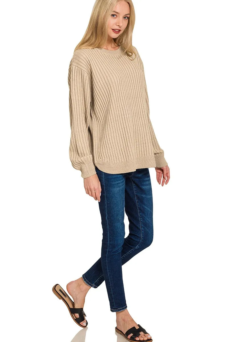 Lt Mocha Zenana Curved Hem Two Tone Ribbed Sweater