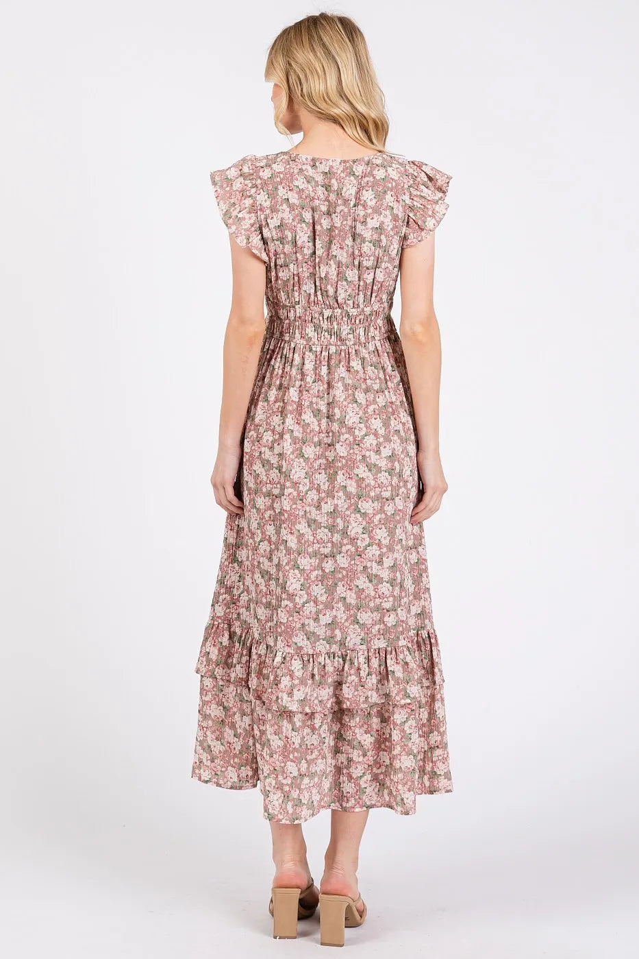 Mittoshop Flower Print Ruffle Cap Sleeve V Neck Midi Dress