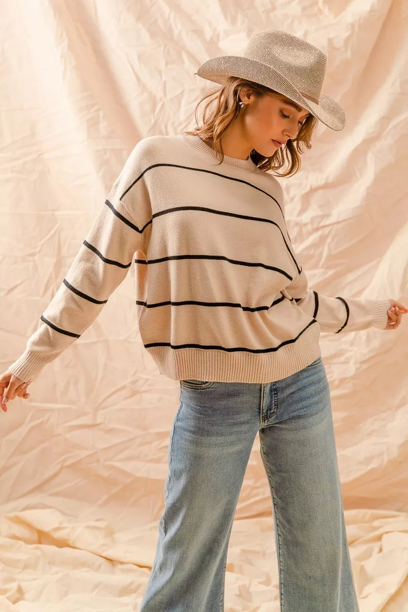 Oatmeal/Black So Me Stripe Crew Neck Basic Essential Sweater