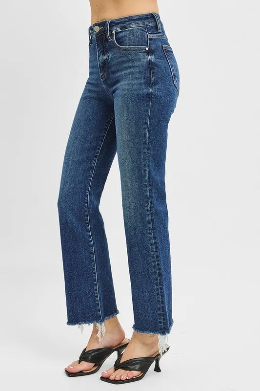 Dark Risen Tummy Control High Rise Crop Straight Raw Cut Hem Jeans
