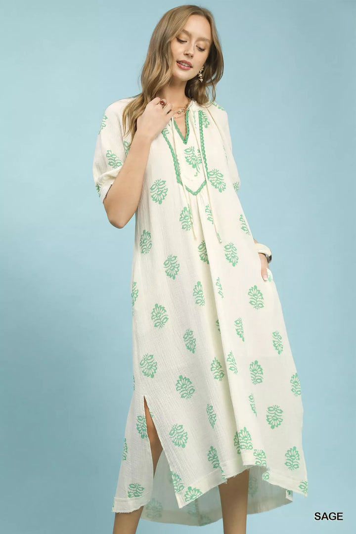 Sage Umgee Printed Cotton Gauze Midi Dress