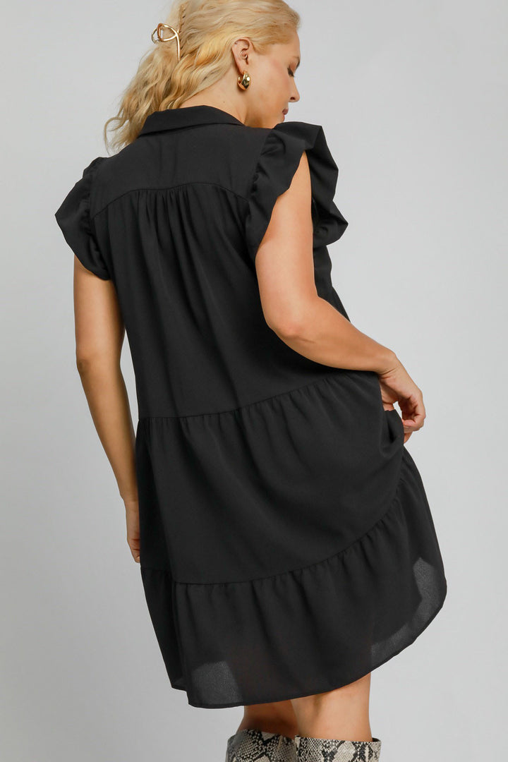Black Umgee Full Size Johnny Collar Ruffle Cap Sleeve Tiered Dress Plus Size 1