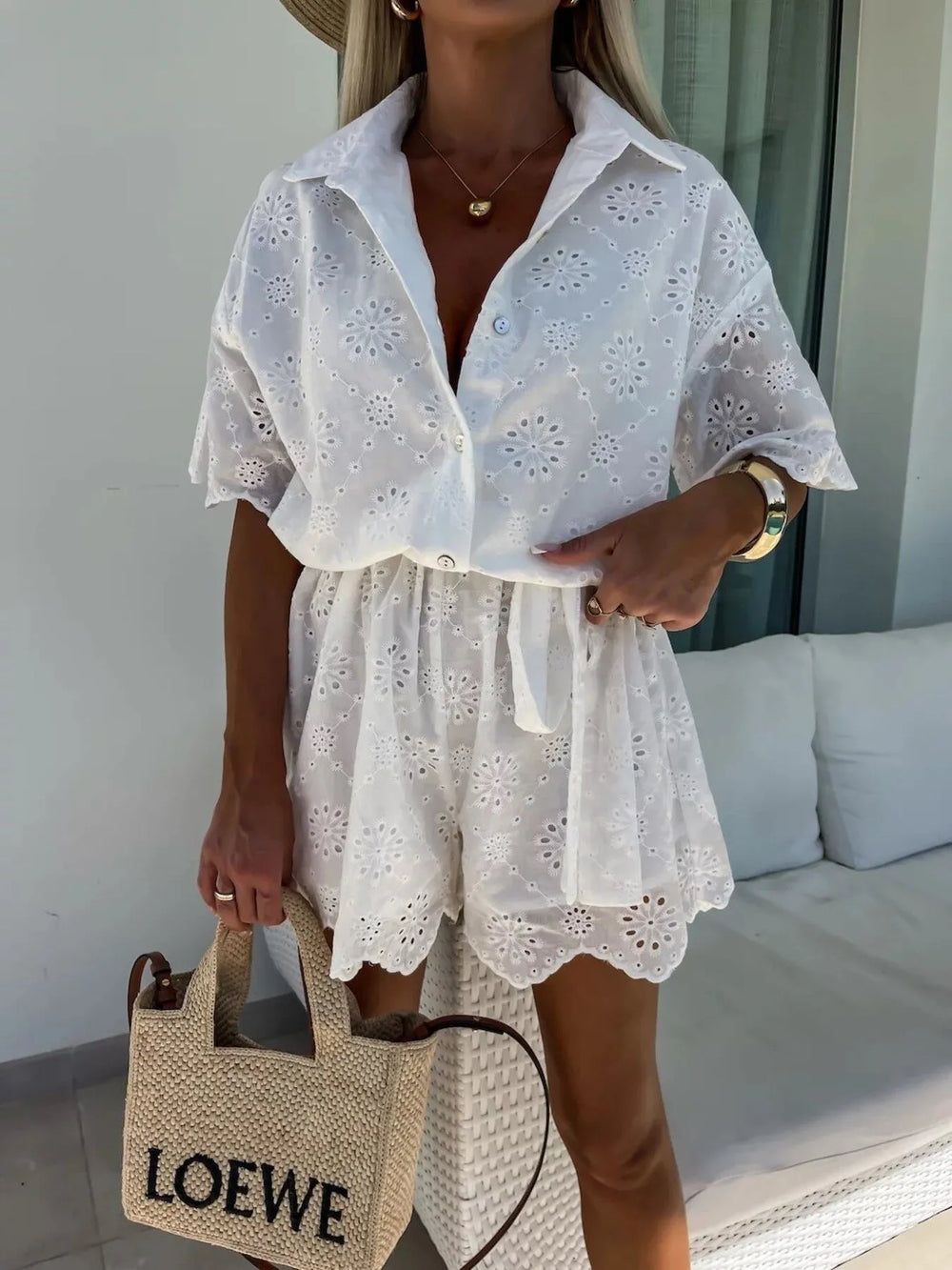 White Eyelet Lace Button Up Romper