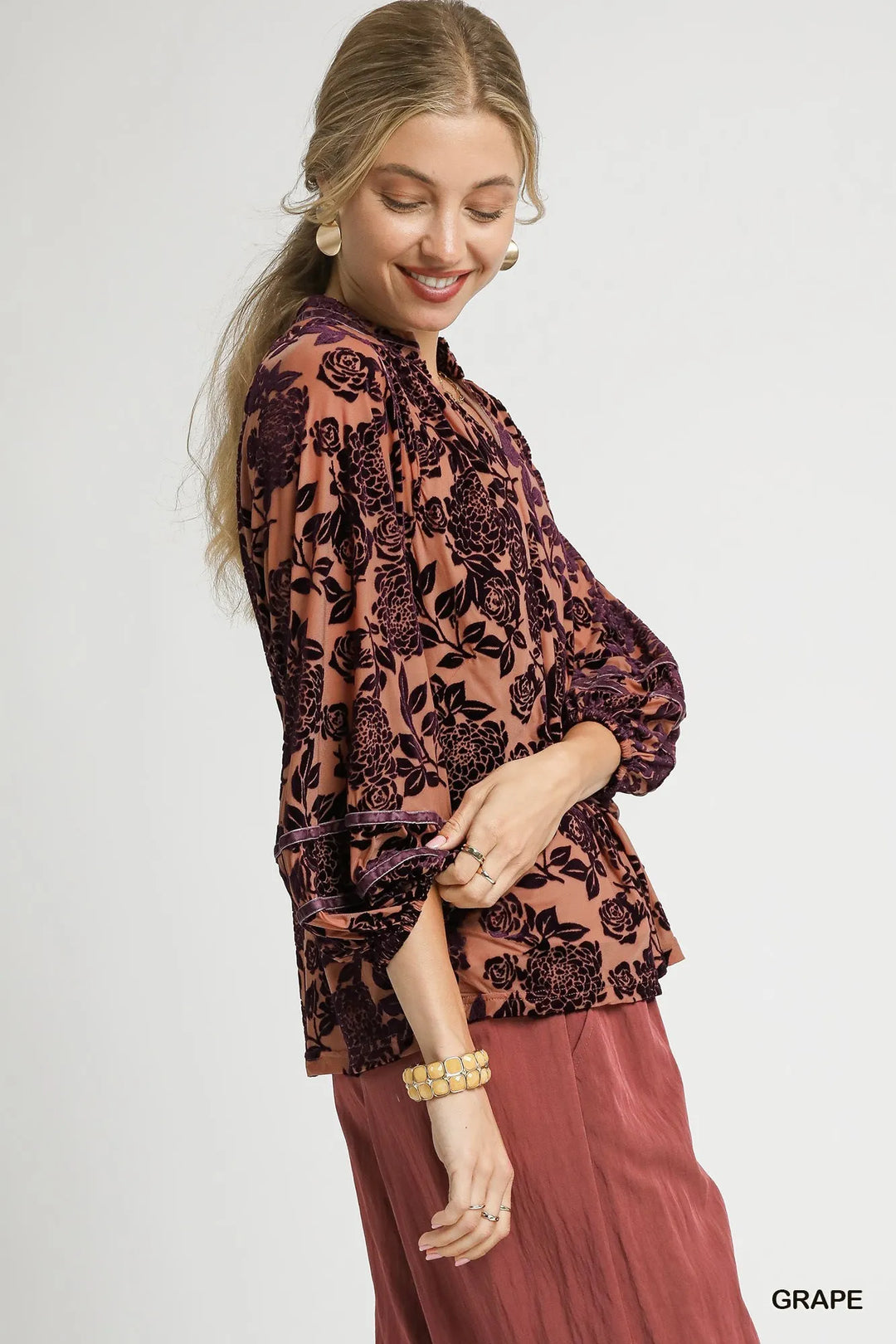 Grape Umgee Floral Velvet Blouse With Balloon Sleeves 1