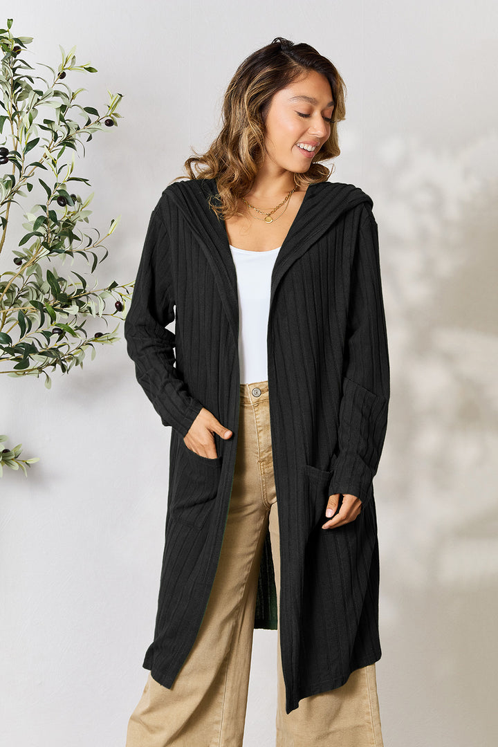 Black Basic Bae Full Size Hooded Sweater Cardigan