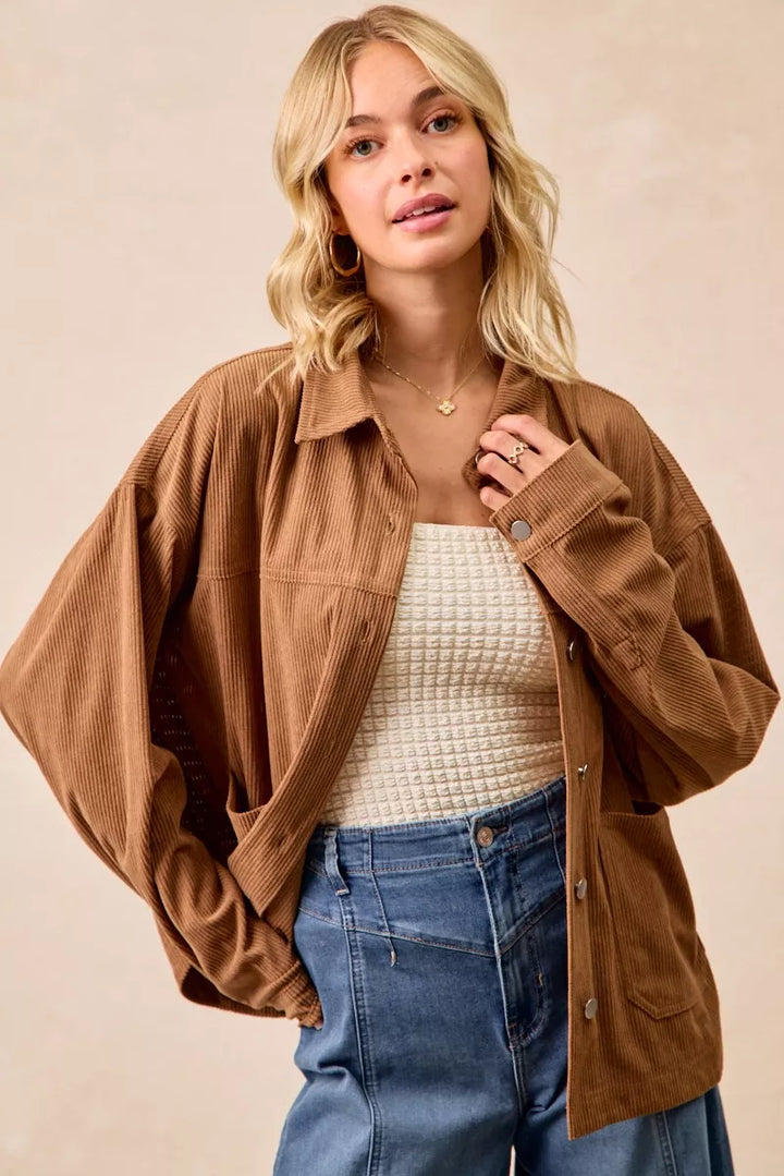 Camel Bibi Corduroy Relaxed Fit Shacket With Back Pleat