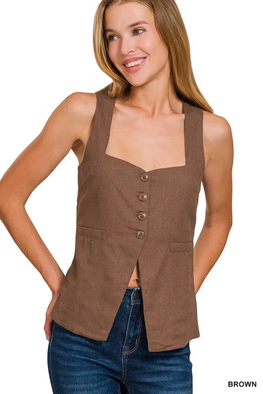 Brown Zenana Linen Tie Back 4 Button Vest With Lining