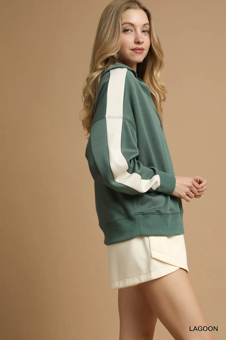 Lagoon Umgee Contrast Long Sleeve Sweatshirt With Collar