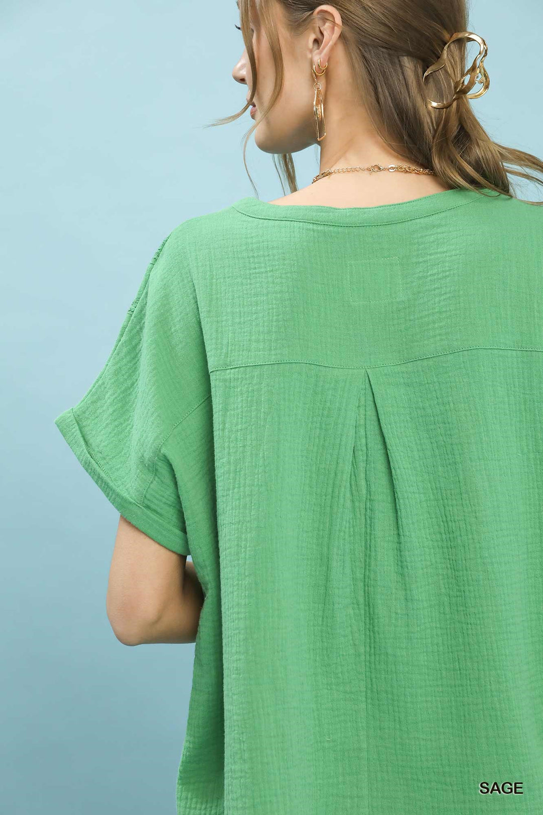 Umgee Textured Gauze Split Neck Boho Blouse 1
