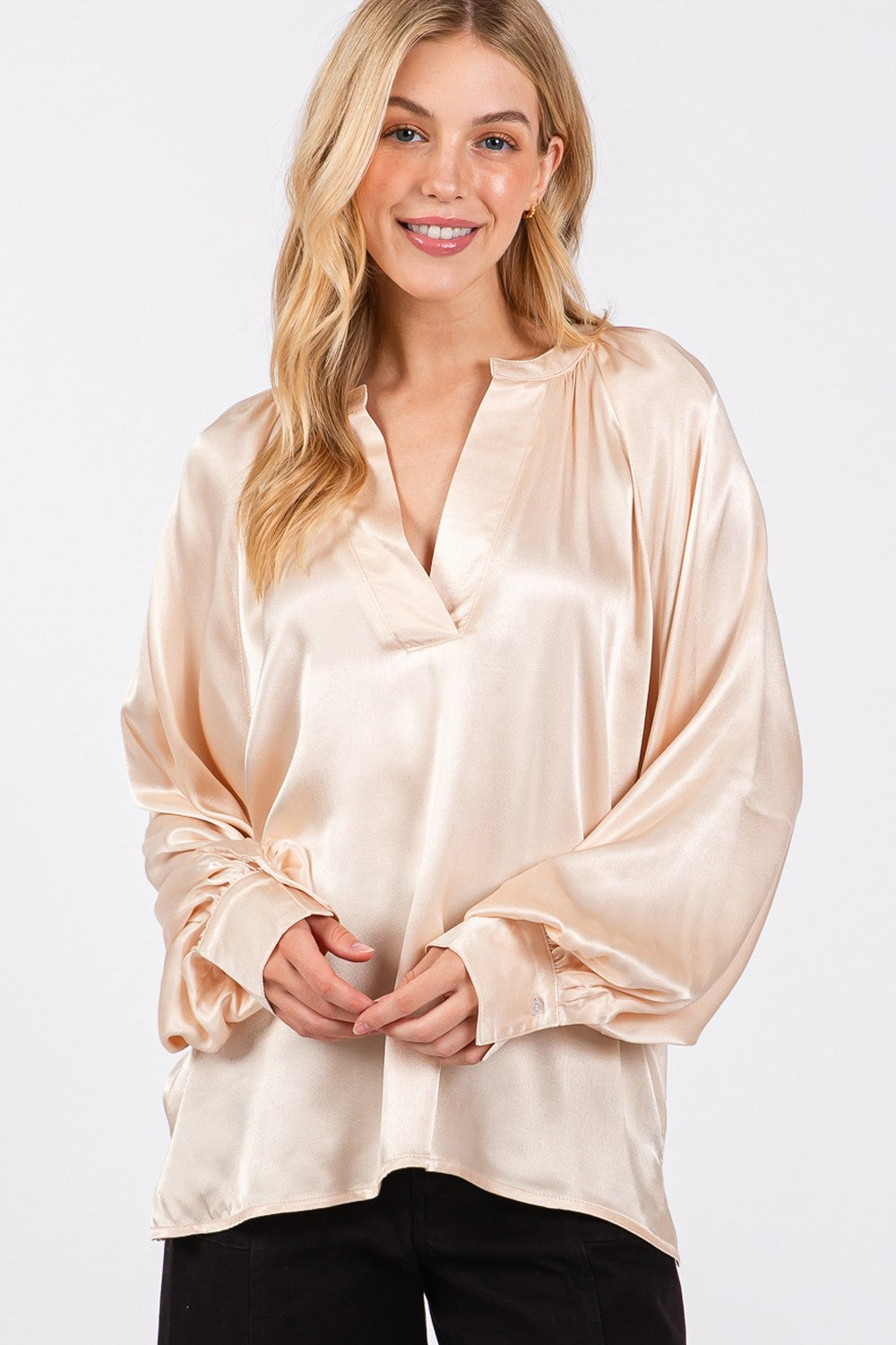 Sage Fig Notched Long Sleeve Blouse