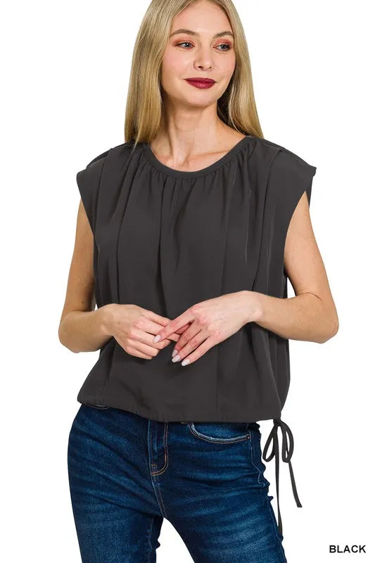 Black Zenana Woven Drawstring Tie Side Sleeveless Top 3