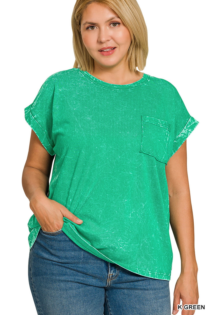 K Green Zenana Full Size Crinkle Washed Round Neck Folded Short Sleeve Tee Plus Size 3