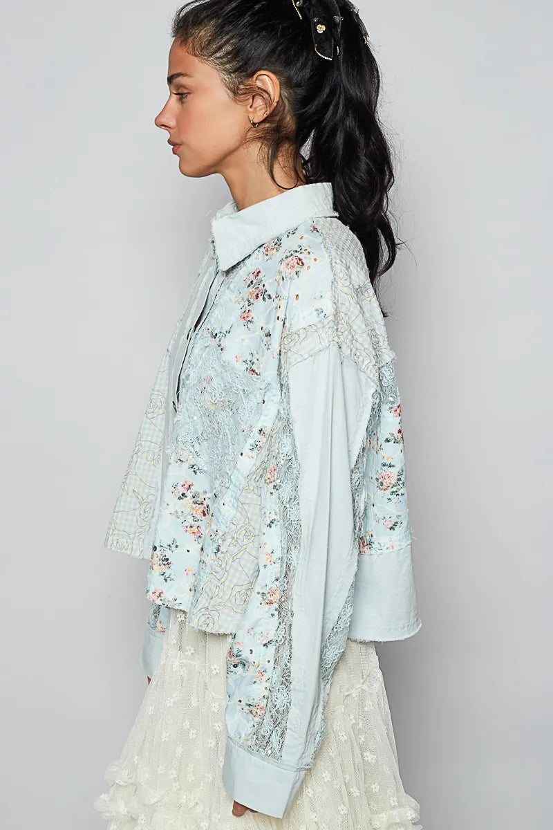 Pastel  Blue Pol Floral Long Sleeve Shirt With Lace Panel Details