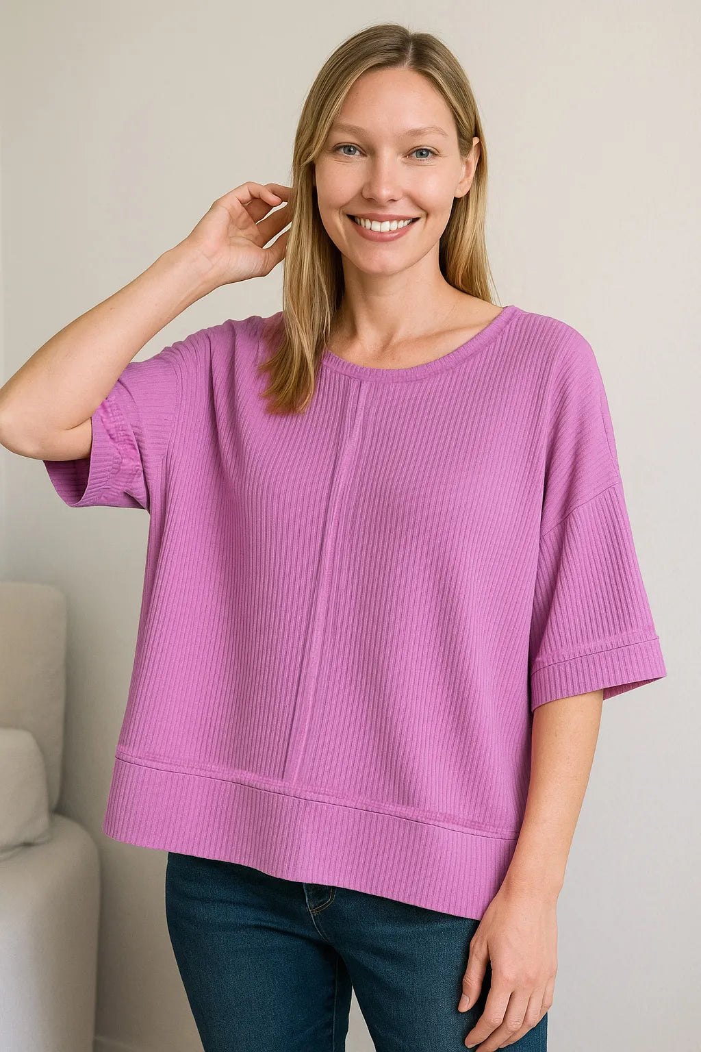 Mauve Zenana Ribbed Boat Neck 3 4 Sleeve Top