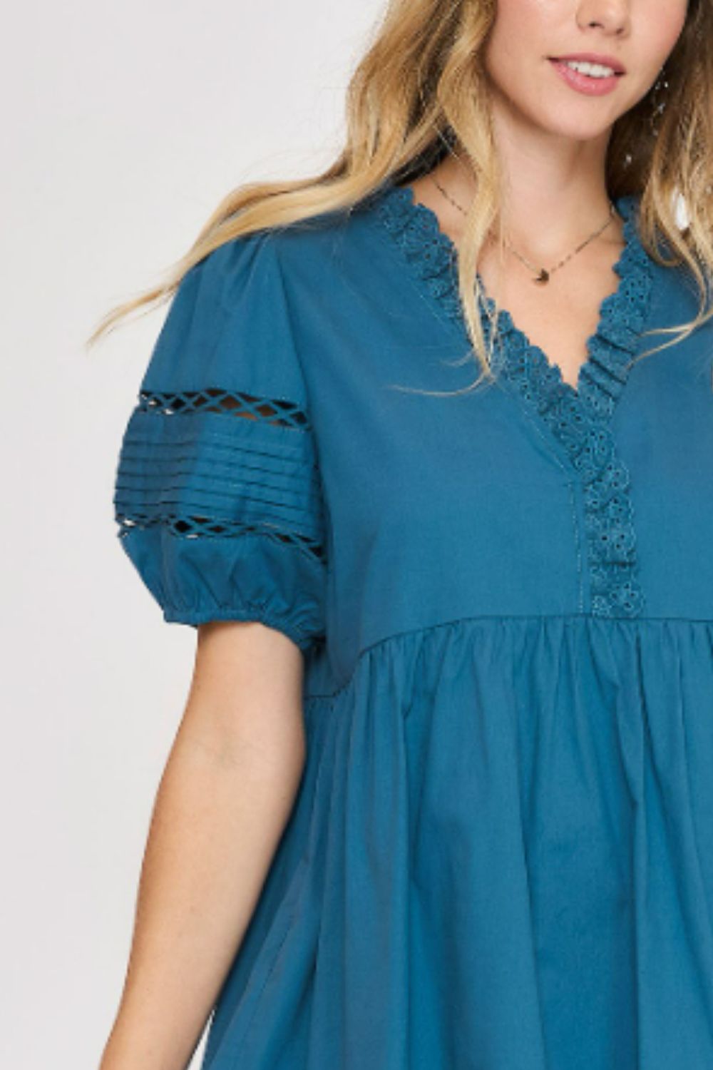 Cerulean Umgee Usa Full Size Lace Detail Puff Sleeve Mini Dress Plus Size