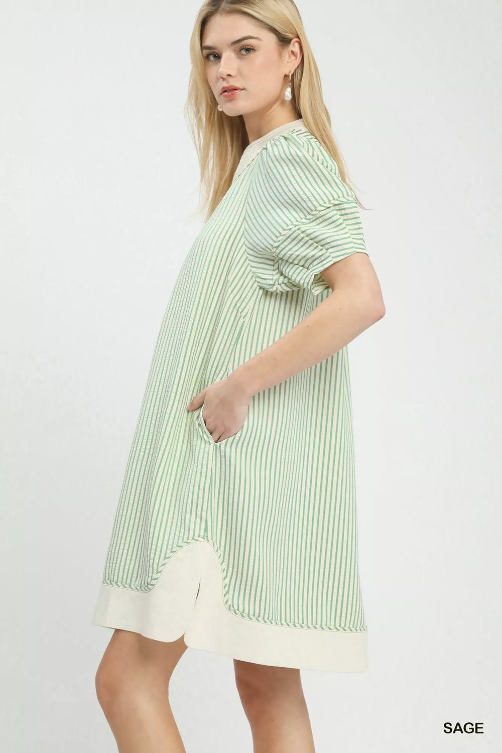 Sage Umgee Pinstripe Shift Dress With Contrast Trim