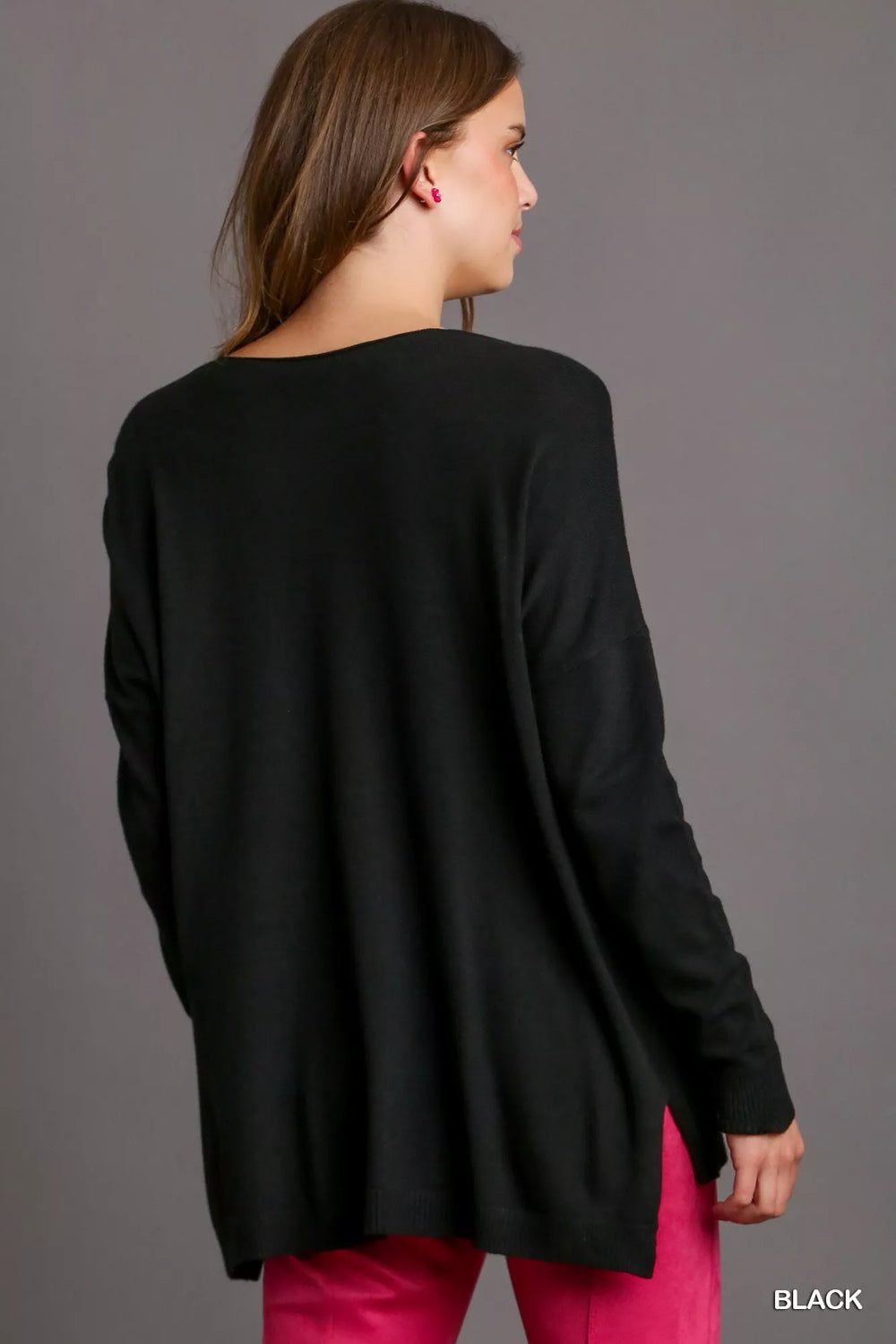 Black Umgee V Neck High Low Hem Knit Top With Side Slit