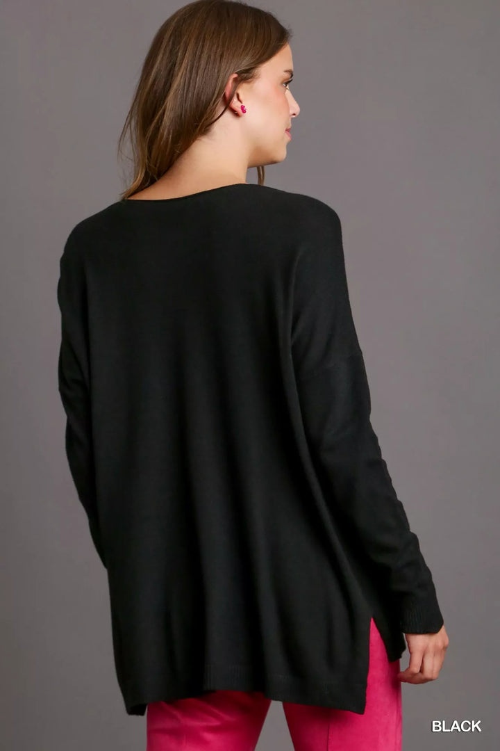 Black Umgee V Neck High Low Hem Knit Top With Side Slit