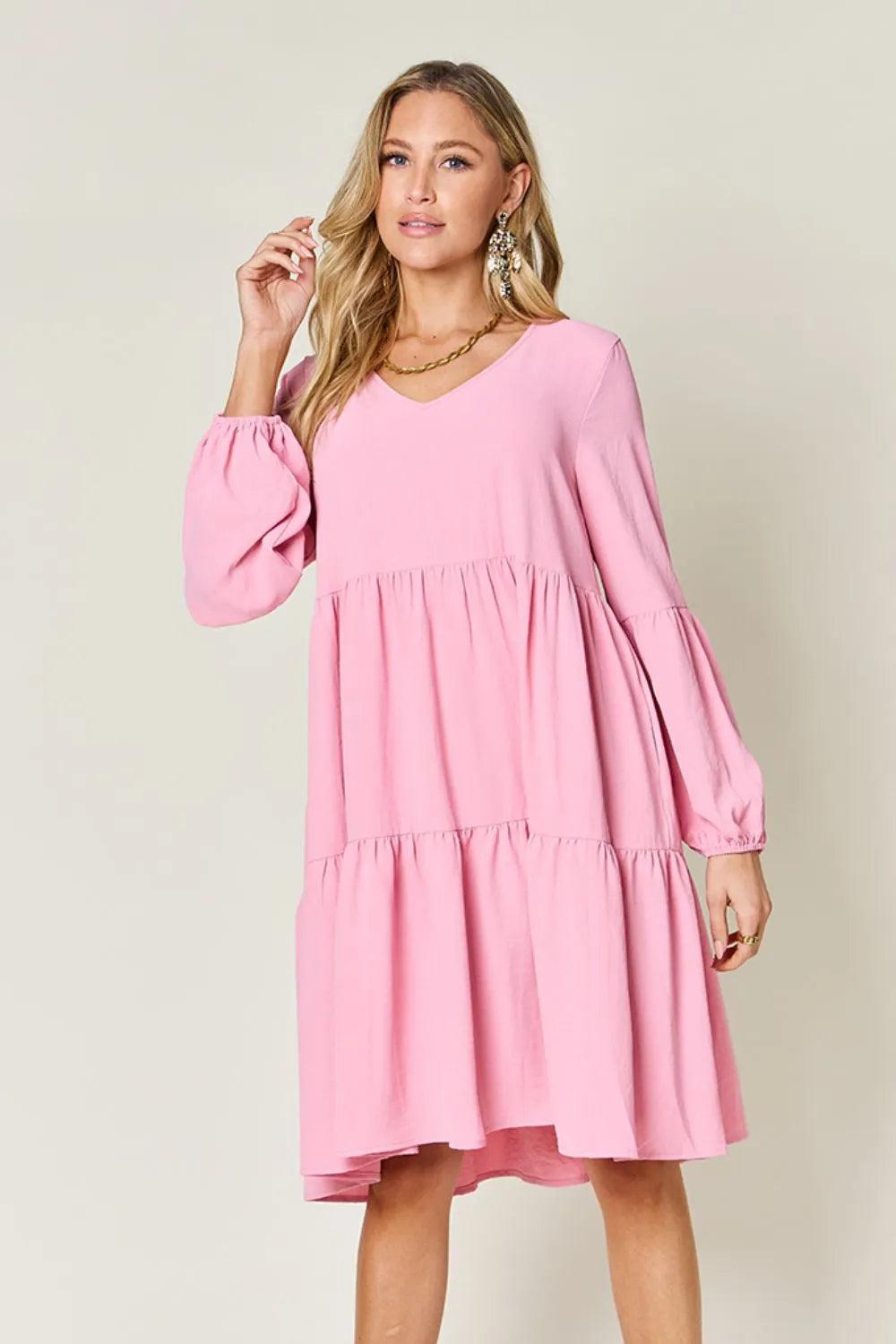 Pink Double Take Full Size V Neck Balloon Sleeve Tiered Dress With Pockets