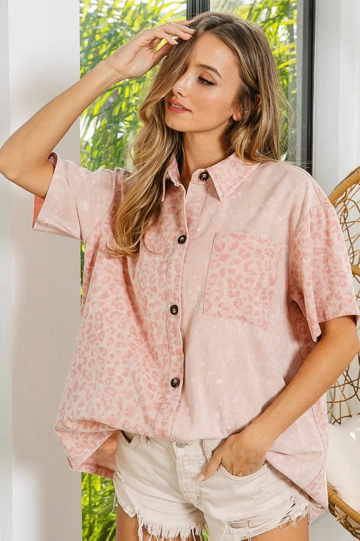 Dusty Pink Bibi Mineral Washed Leopard Print Short Sleeve Shirt