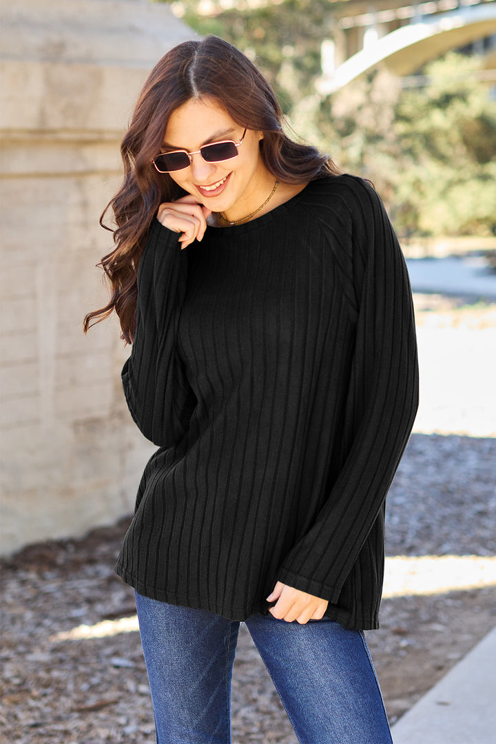 Dark Green Basic Bae Full Size Ribbed Round Neck Long Sleeve Knit Top 1