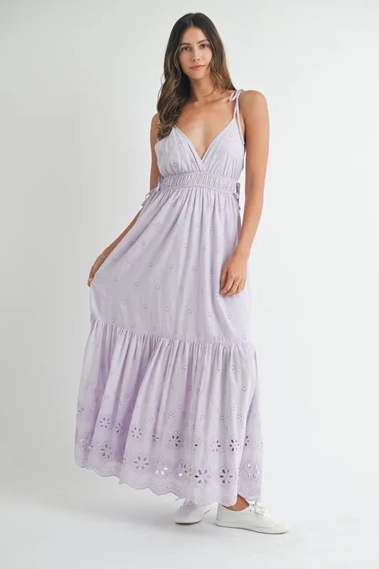 Lavender Mable Eyelet Lace Maxi Dress With Side Strap Details