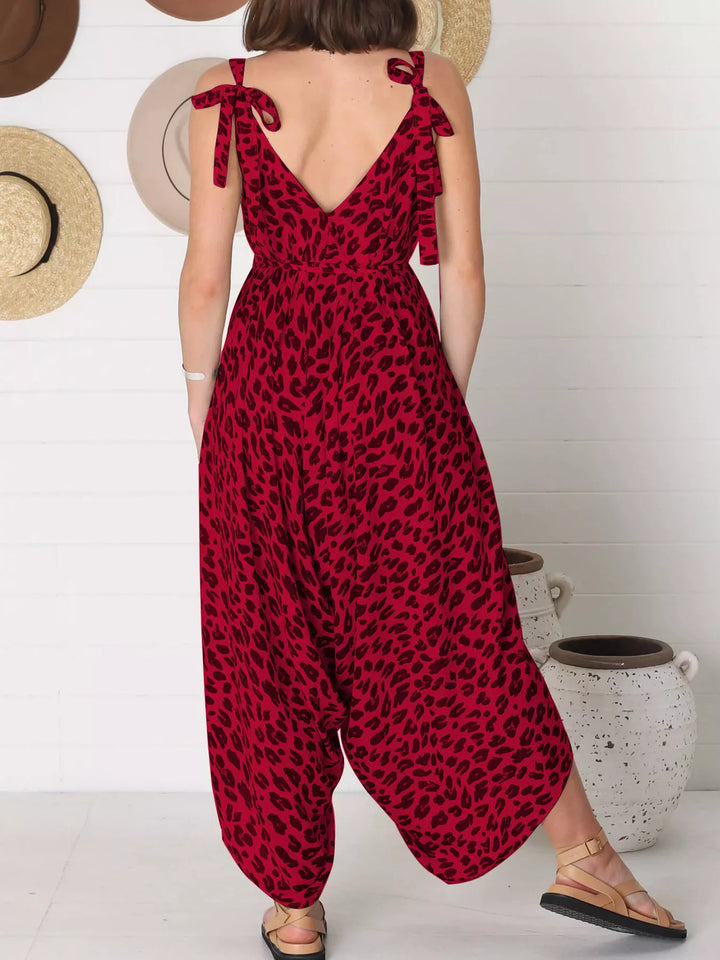 Red Full Size Leopard Print V Neck Wide Leg Jumpsuit Plus Size