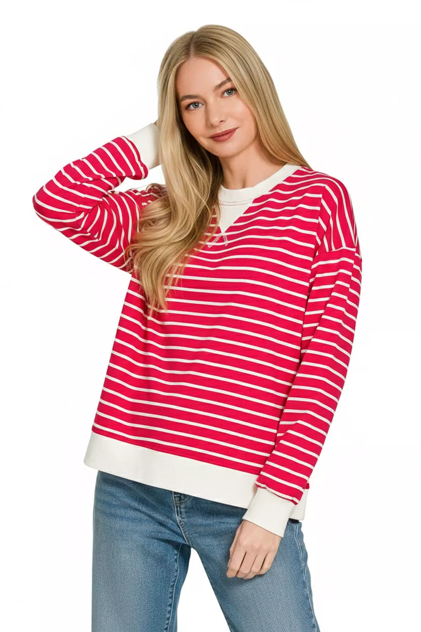 Ruby Zenana Contrast Striped Round Neck Sweatshirt 1