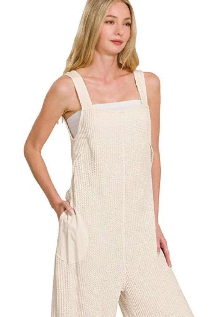 Sand Beige Zenana Knit Waffle Wide Leg Overalls 3