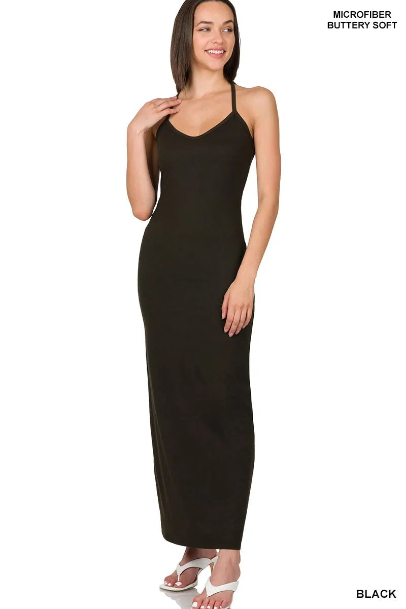 Black Zenana Brushed Dty Thin Strap Racerback V Neck Maxi Dress