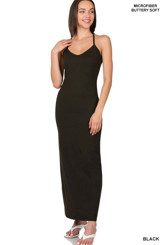 Black Zenana Brushed Dty Thin Strap Racerback V Neck Maxi Dress