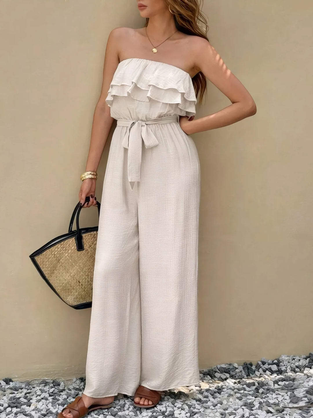 White Off Shoulder Ruffled Wide Leg Jumpsuit