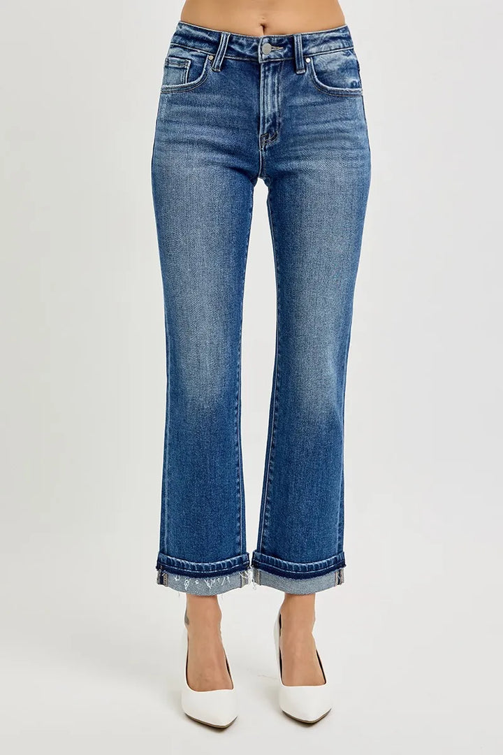 Dark Risen Mid Rise Ankle Straight Cuffed Jeans