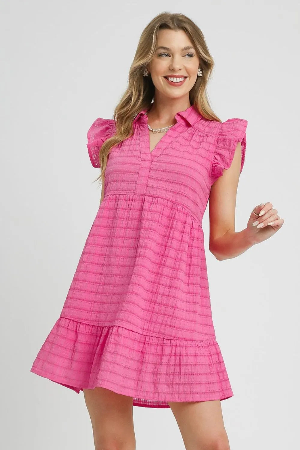 Hot Pink Umgee Ruffle Cap Sleeve Textured Mini Dress 1