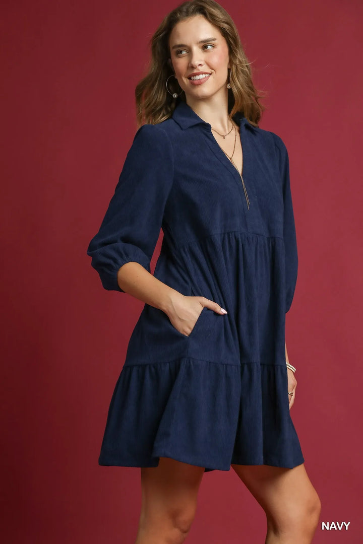 Navy Umgee Tiered Corduroy Mini Dress With Balloon Sleeves 1