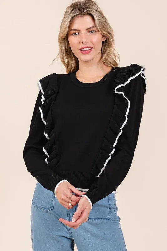 Black Mittoshop Contrast Trim Ruffled Round Neck Knit Top 1