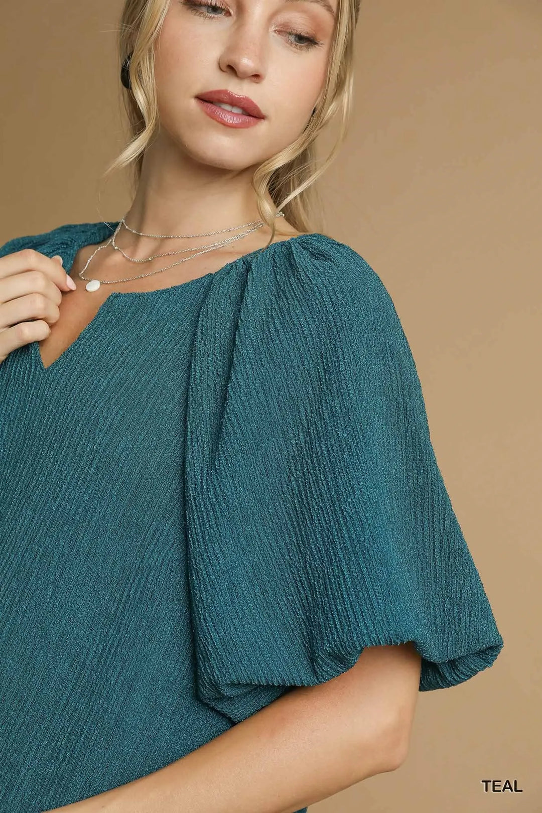 Umgee Textured Flutter Sleeve Notch Neck Top 1